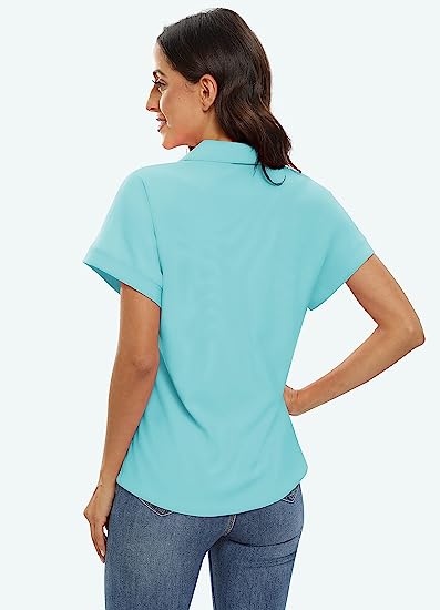 Women's Golf Polo Shirts V Neck Collared Short Sleeve Sport Top UPF50+ - morefiz