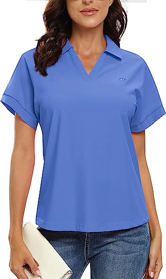 Women's Golf Polo Shirts V Neck Collared Short Sleeve Sport Top UPF50+ - morefiz