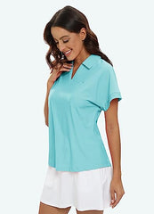 Women's Golf Polo Shirts V Neck Collared Short Sleeve Sport Top UPF50+ - morefiz