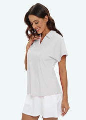 Women's Golf Polo Shirts V Neck Collared Short Sleeve Sport Top UPF50+ - morefiz