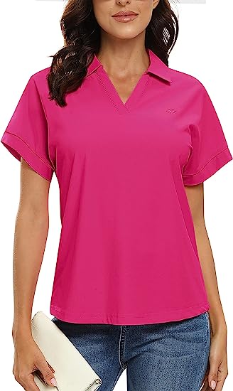 Women's Golf Polo Shirts V Neck Collared Short Sleeve Sport Top UPF50+ - morefiz