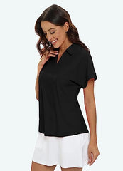 Women's Golf Polo Shirts V Neck Collared Short Sleeve Sport Top UPF50+ - morefiz