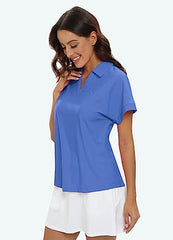 Women's Golf Polo Shirts V Neck Collared Short Sleeve Sport Top UPF50+ - morefiz