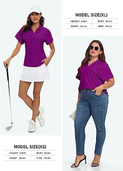 Women's Golf Polo Shirts V Neck Collared Short Sleeve Sport Top UPF50+ - morefiz