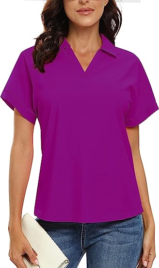 Women's Golf Polo Shirts V Neck Collared Short Sleeve Sport Top UPF50+ - morefiz