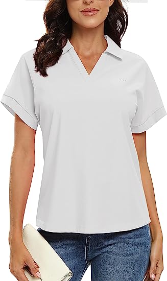 Women's Golf Polo Shirts V Neck Collared Short Sleeve Sport Top UPF50+ - morefiz