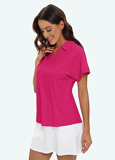 Women's Golf Polo Shirts V Neck Collared Short Sleeve Sport Top UPF50+ - morefiz