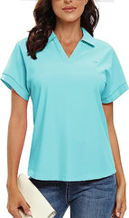 Women's Golf Polo Shirts V Neck Collared Short Sleeve Sport Top UPF50+ - morefiz