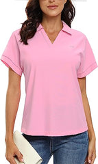 Women's Golf Polo Shirts V Neck Collared Short Sleeve Sport Top UPF50+ - morefiz