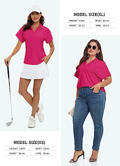 Women's Golf Polo Shirts V Neck Collared Short Sleeve Sport Top UPF50+ - morefiz