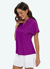 Women's Golf Polo Shirts V Neck Collared Short Sleeve Sport Top UPF50+ - morefiz