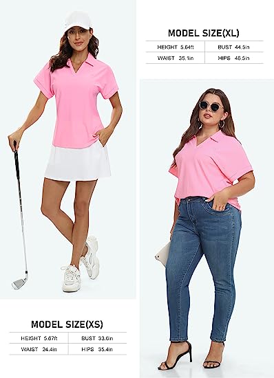 Women's Golf Polo Shirts V Neck Collared Short Sleeve Sport Top UPF50+ - morefiz