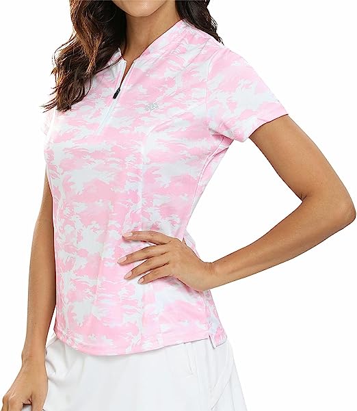 Womens Polo Golf Shirts Short Sleeve 1/4 Zip Pullover Collarless UPF50+ - morefiz