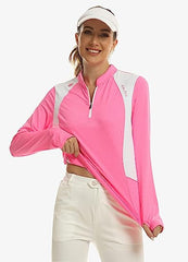 Women's Zipper Golf Tennis Polo Shirts Long Sleeve Quick Dry Tops Slim - morefiz